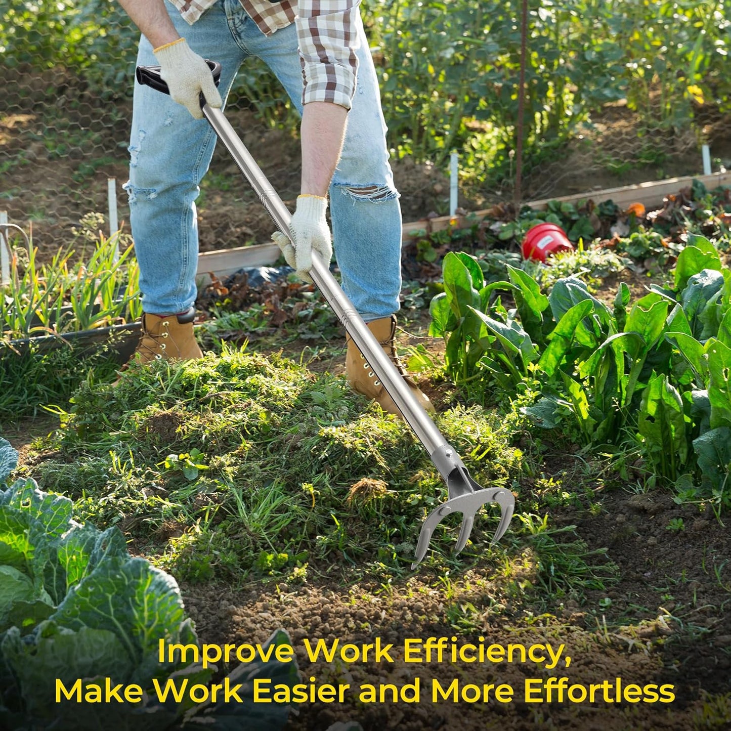 Hand Garden Rake, Adjustable Handle Heavy Duty Garden Cultivator Rake with D-Type Grip for Digging, Weeding, Loosening