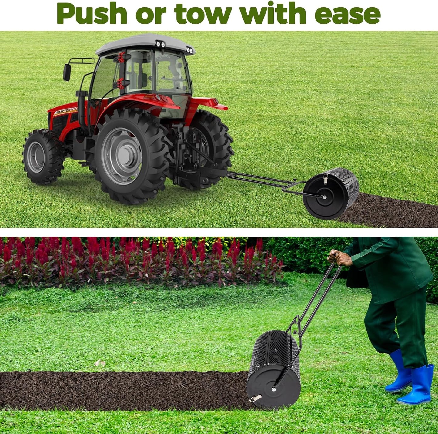 Outvita Compost Spreader and Peat Moss Spreader, 24" Push/Tow-Behind Roller Lawn Spreader with Steel Mesh Basket Garden Spreader for Spreading Manure Mulch Topsoil