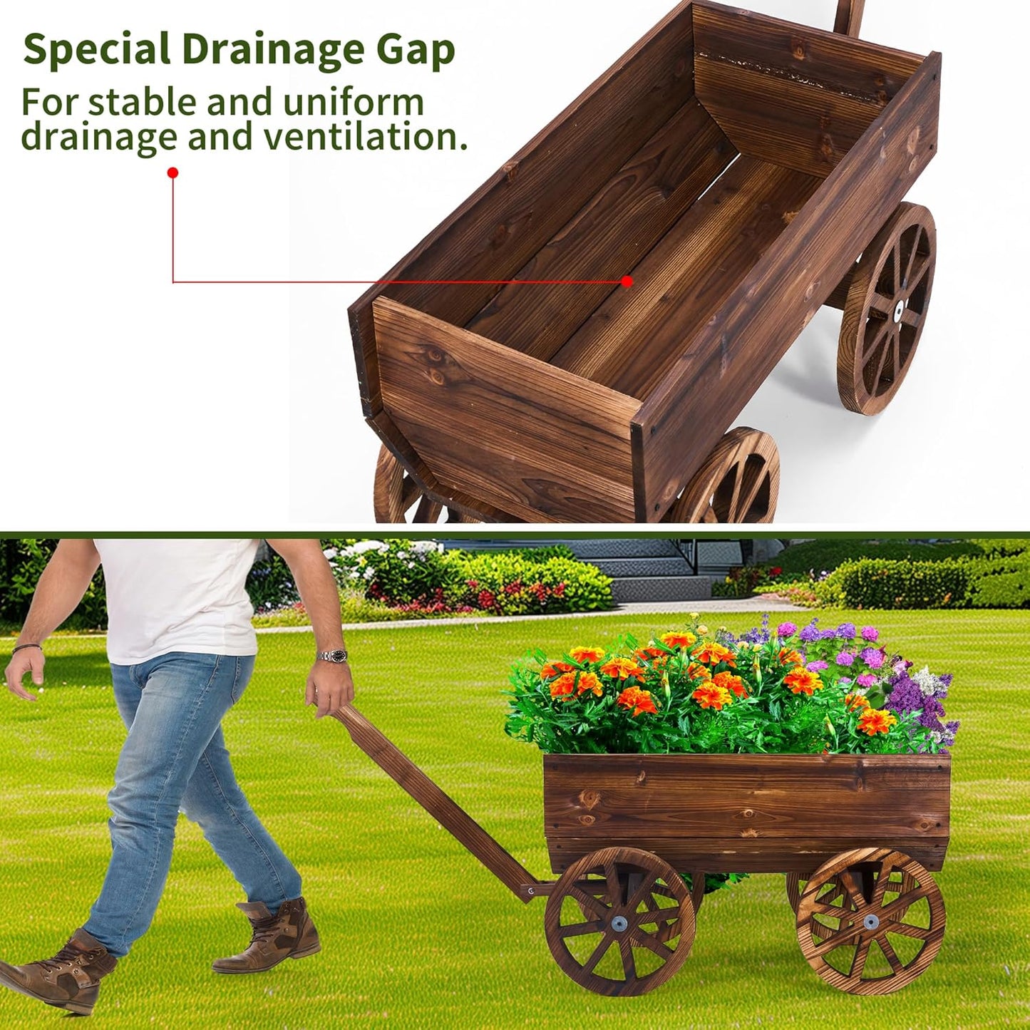 HPC Decor Large Wooden Planter Box with Wheels - Mobile Garden Planter for Flowers, Herbs, Vegetables - Durable Indoor/Outdoor Decor for Patio, Balcony, Yard, Porch - Rustic Flower Cart Design