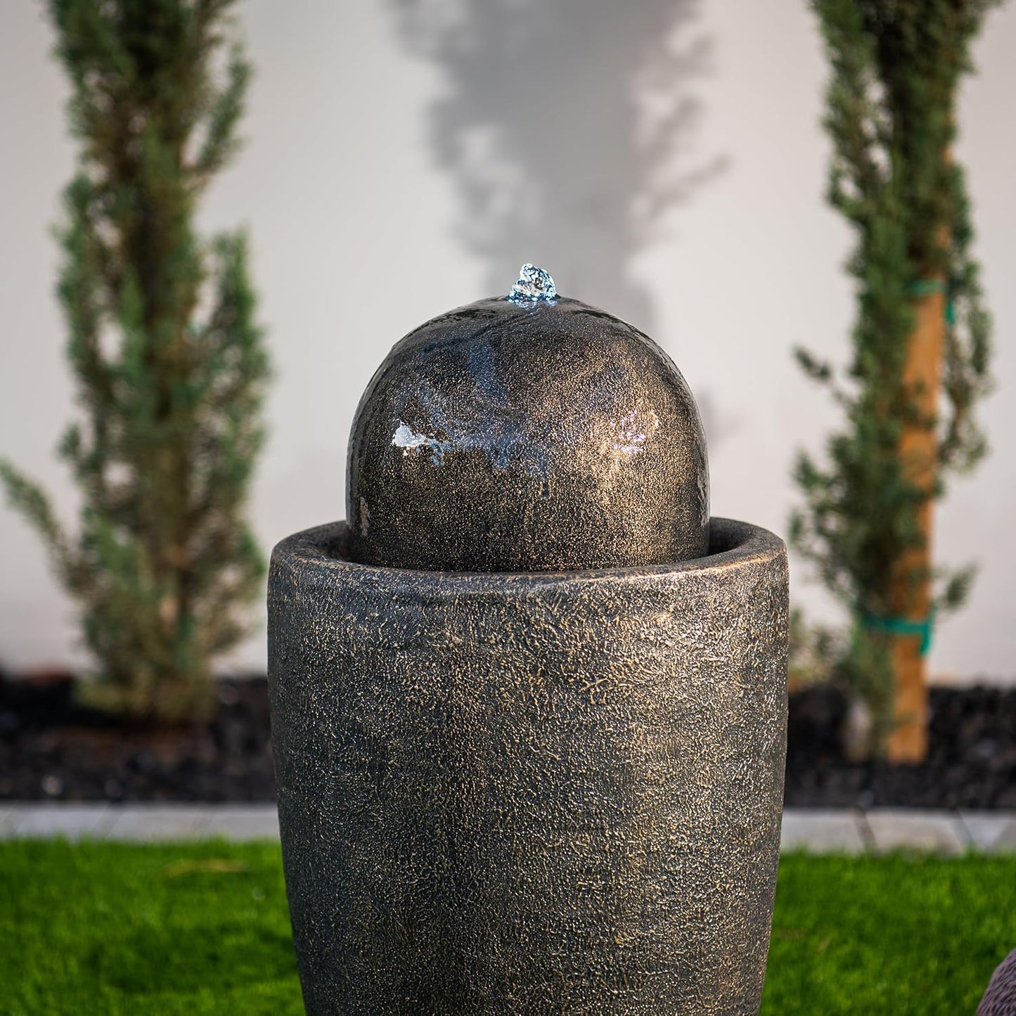 XBrand 25.98" H Round Stone Indoor/Outdoor Modern Stone Textured Sphere Water Fountain w/LED Lights, Ball Water Fountain Decor, Garden Sphere Fountain, Patio Fountain, Outdoor Fountain, Bronze