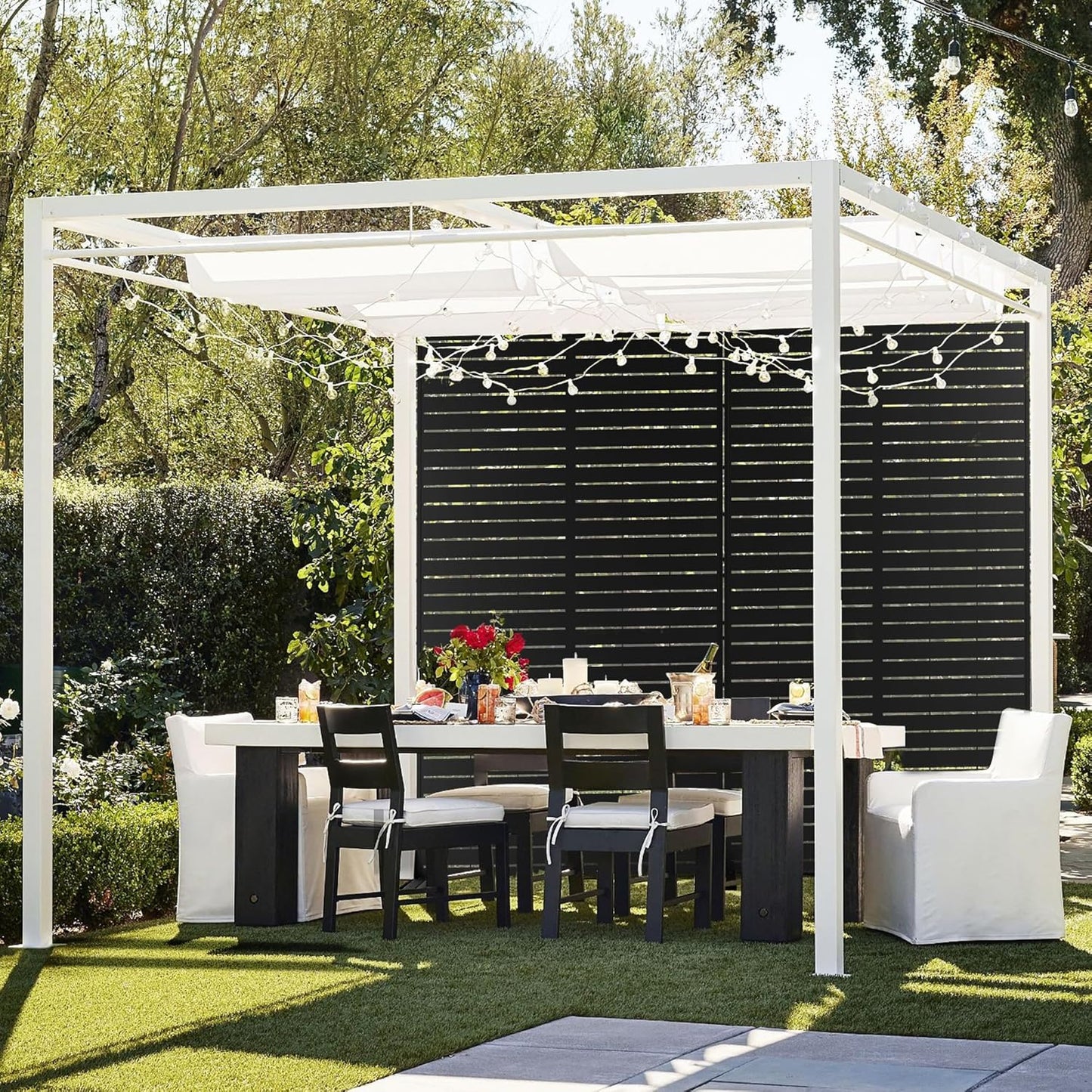 FENCY Metal Privacy Screen with Stand 72" H×44" W Outdoor Freestanding Privacy Panels, Outdoor Privacy Screen for Deck Patio Balcony(Black-Louvered)