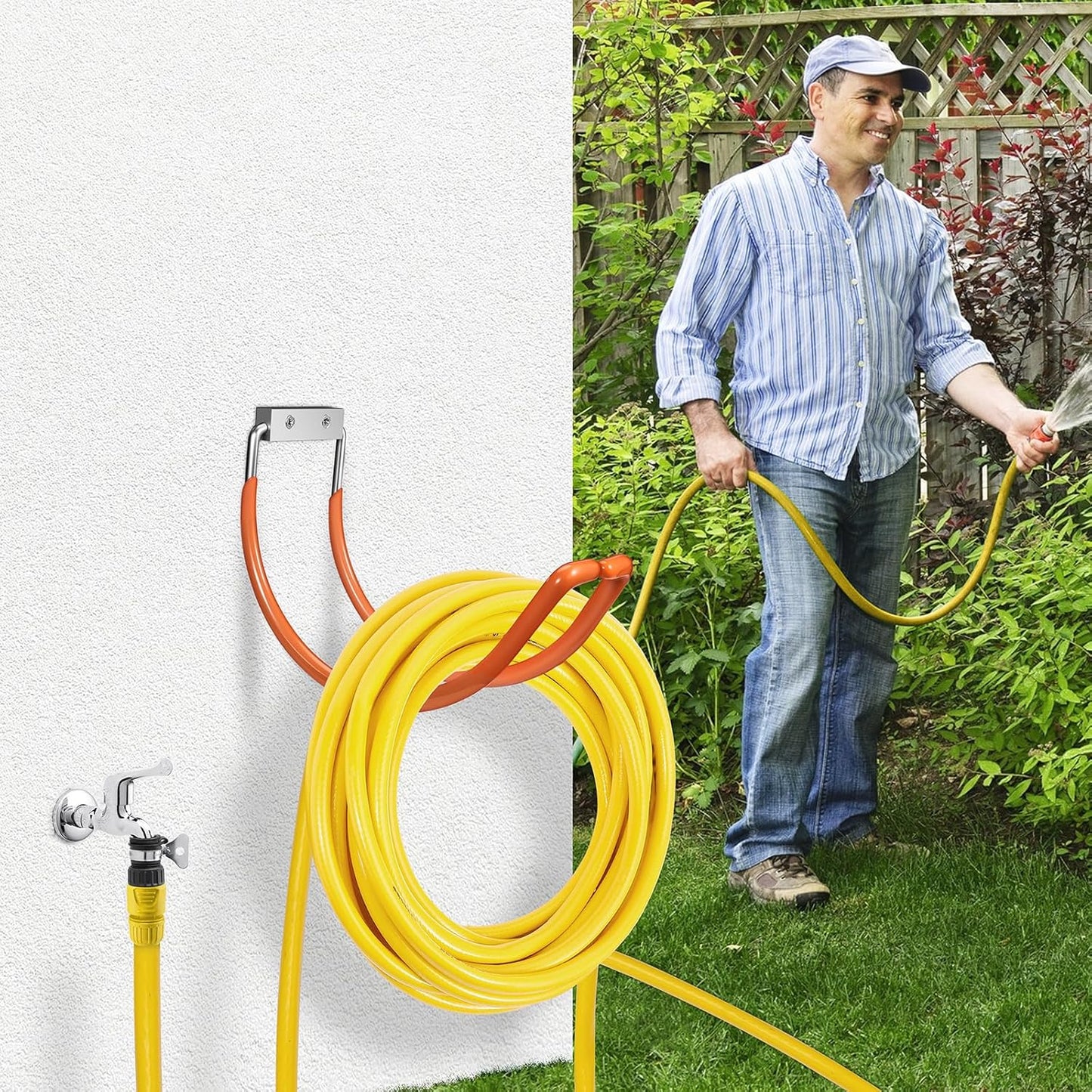 Garden Hose Holder Water Hose Hanger Wall Mounted,304Stainless Steel Solid Hose Hook Holds Up to 150Ft Garden Hose, Expandable Hose, Water Hose - Orange