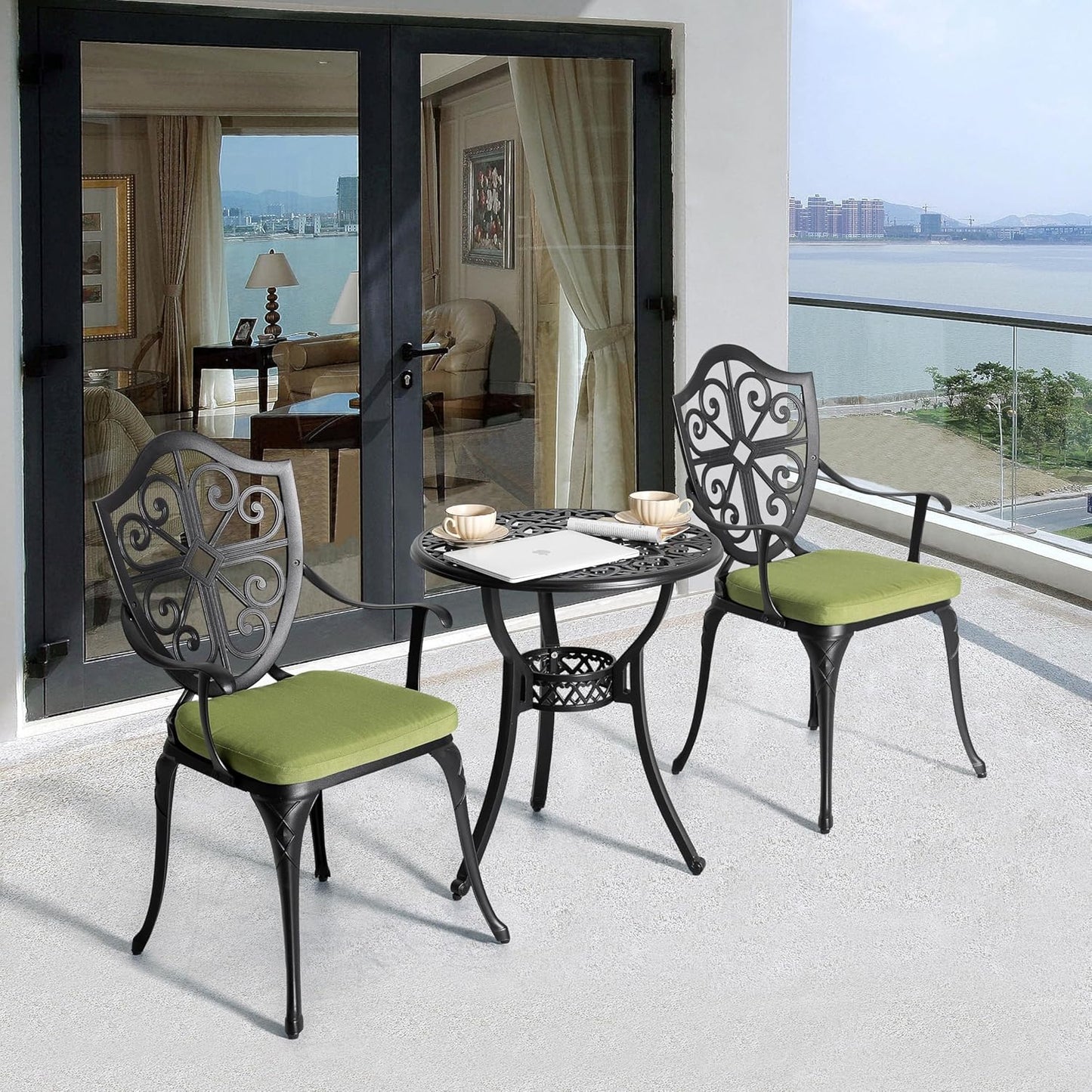 NUU GARDEN Outdoor 3-Piece Bistro Set with Cushions, Round 24 Inch Cast Aluminum Bistro Table with 2.17" Umbrella Hole, 2 Cast Aluminum Bistro Chairs, for Patio, Garden, Backyard and Balcony, Black