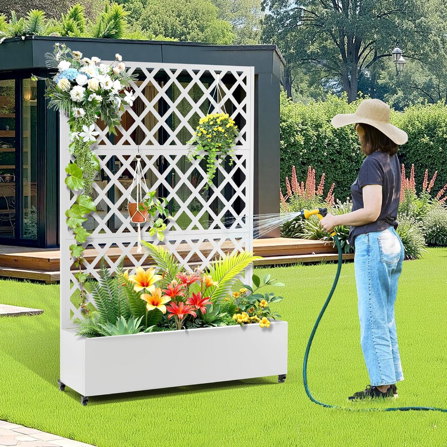 Metal Raised Garden Bed with Trellis and Wheels, 2 in 1 Trellis with Planter Box & Privacy Screen for Climbing Plants, Outdoor Standing Flower Beds with Drainage Holes, 47.2''L×15.7''W×70.9''H, White