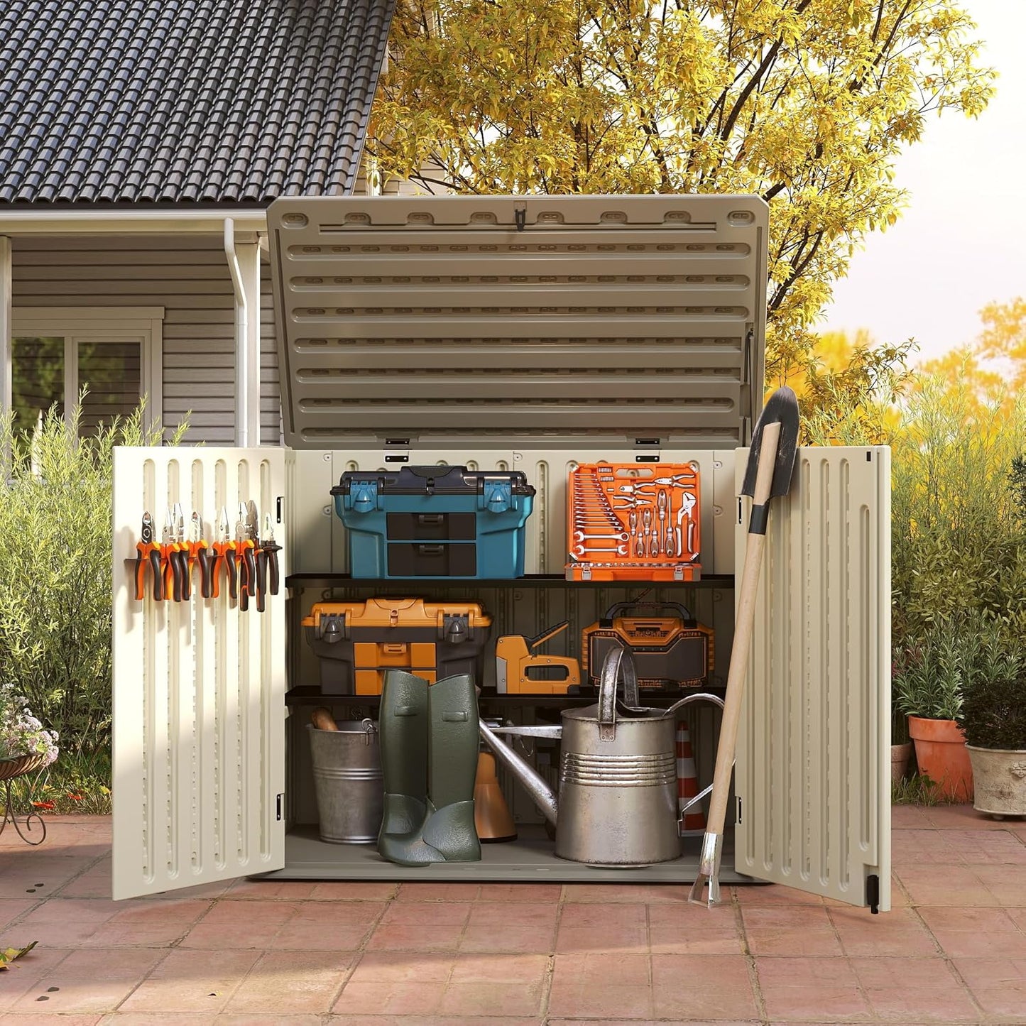 Horizontal Resin Storage Shed, 47 Cuft Garden Tool Sheds & Outdoor Storage, Outdoor Plastic Storage Cabinet Waterproof, 4.5 x 2.8 ft Backyard Outside Lawn Mower Storage Shed, Vanilla