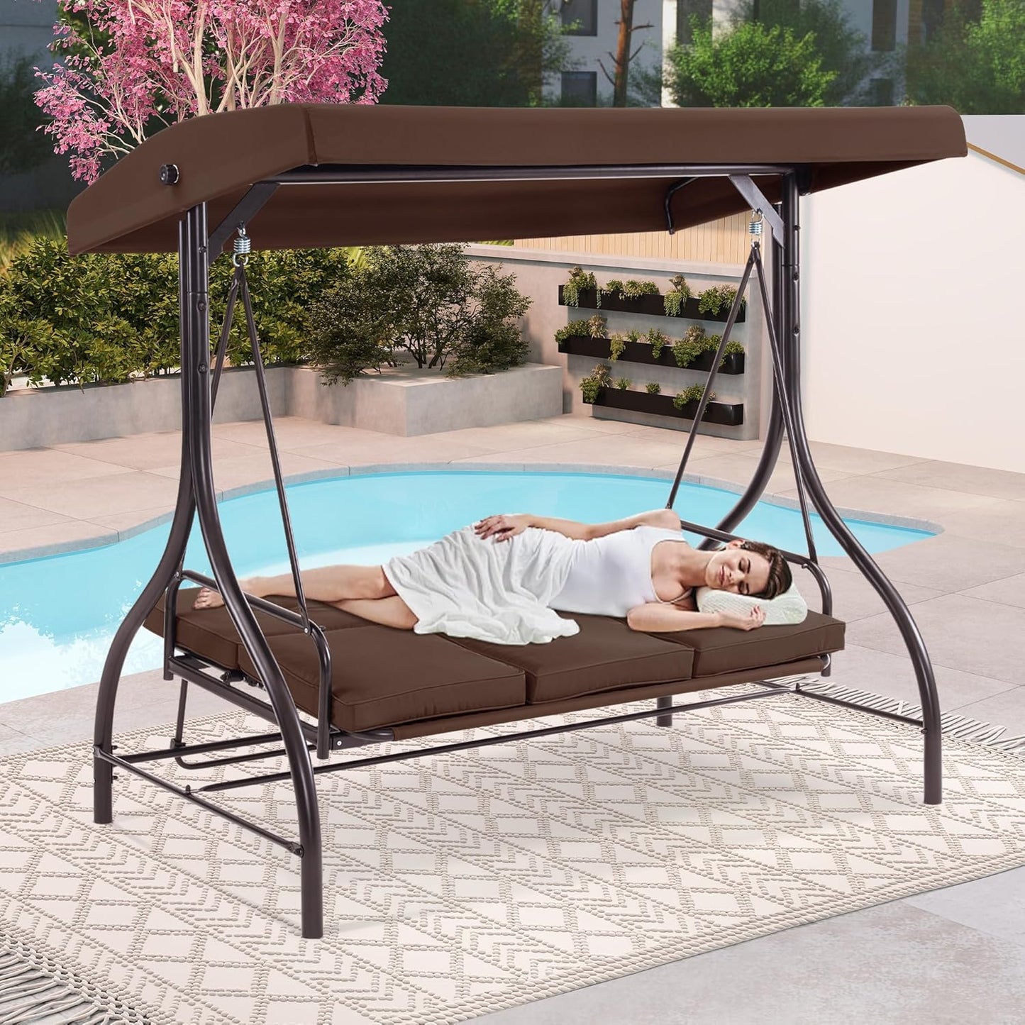 MCombo 3-Seat Outdoor Patio Swing Chair, 2-in-1 Convertible Porch Swing Glider Chair with Removable Cushions, Adjustable Canopy & Pillows for Backyard, Deck, Garden, 4068 (Brown)