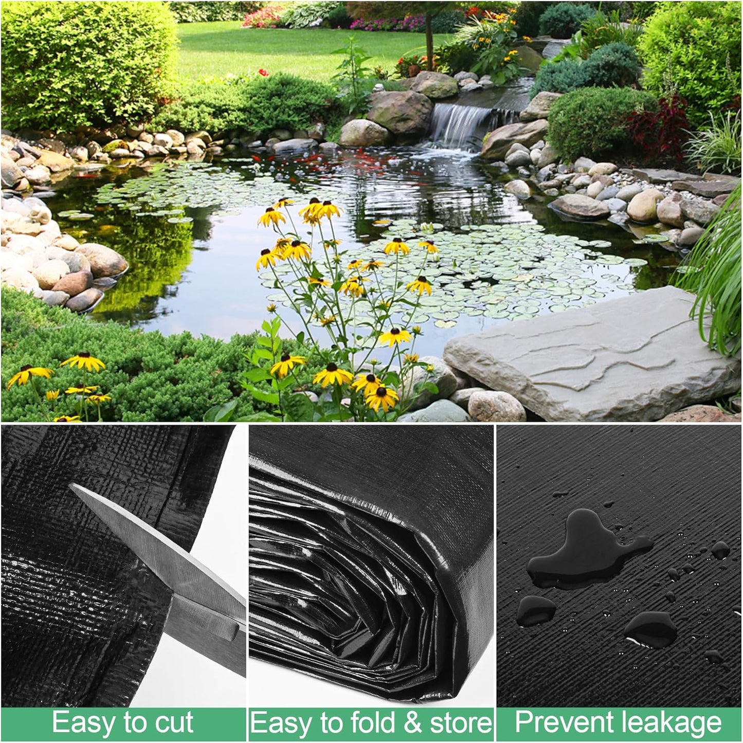 MYFAMIREA 25 x 30FT Pond Liner, 28Mil PE Preformed Pond Liner with 22 Hemmed Edge Buttonholes Sun Resistant Easy Cutting for Outdoor Ponds, Fish Koi Ponds, Garden Fountain, Waterfall Ponds
