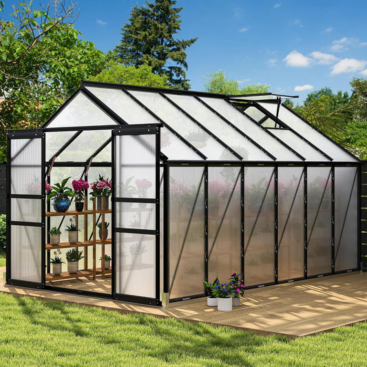 DWVO 8x12FT Polycarbonate Greenhouse for Outdoors, Large Heavy Duty Aluminum Greenhouses with Sliding Doors and Vent Window, Walk-in Greenhouse Large Sun House for Garden Backyard, Black