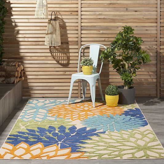 Nourison Aloha Indoor/Outdoor Multicolor 5'3" x 7'5" Area Rug, Tropical, Botanical, Easy Clean, Non Shedding, Bed Room, Living Room, Dining Room, Deck, Backyard, Patio (5x7)