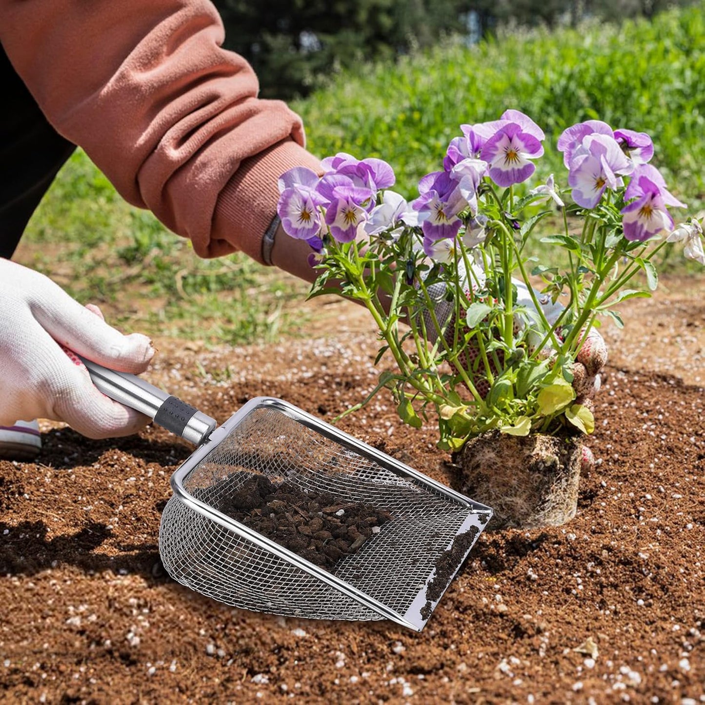 Adnee 2 Pcs Gardening Soil Sifter-Garden Sieve Sifter with Handle (3.8/5 mm Mesh)-Portable Gardening Sifter for Gradening Sand Soil Dirt Compost