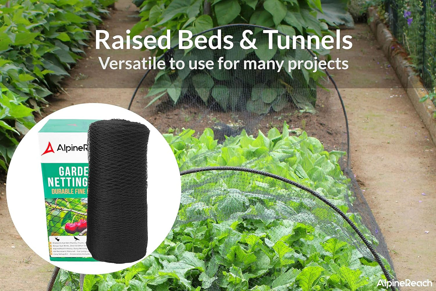 AlpineReach Garden Netting 15 x 50 ft Heavy Duty Bird Net, Deer, Plant Protection Extra Strong Woven Mesh, Reusable Kit with Zip Ties, Animal Fencing for Fruits Trees, Black