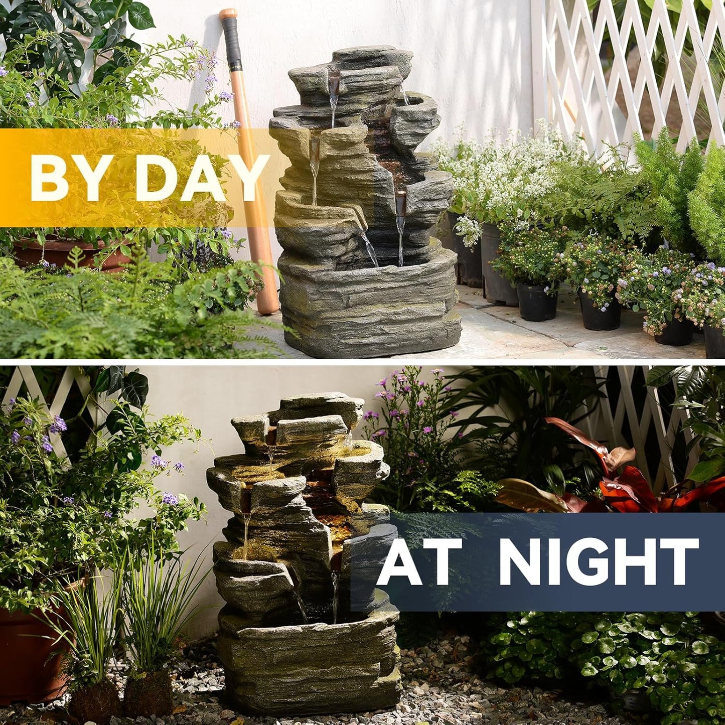 24.2" H Rock Cascading Water Fountain Outdoor&Indoor, 6-Tier Garden Naturefalls Fountains, Floor-Standing Waterfall with Lights for Patio, Backyard, Deck, Porch, Home DéCor, Stone Gray