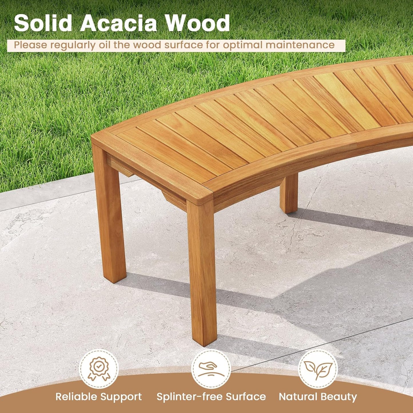 Tangkula Outdoor Curved Bench, Acacia Wood Fire Pit Bench w/Slatted Seat, Patio Backless 2-Person Seating for Porch, Yard, Garden, 800 LBS Max Load, Oil Painted (4, 45")