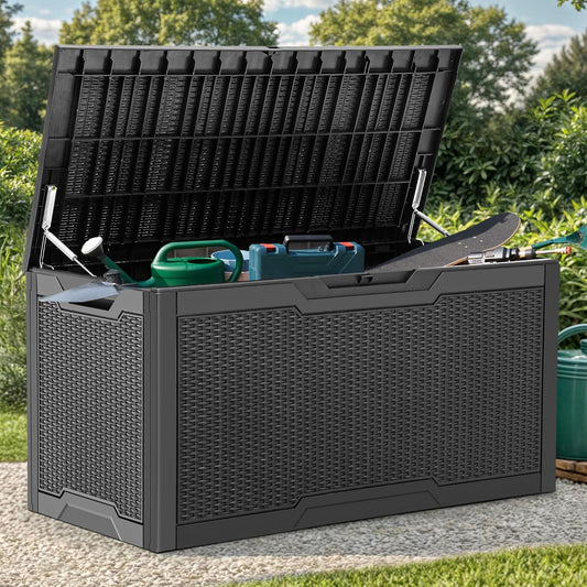 YITAHOME 100 Gallon Large Resin Deck Box Outdoor Storage Boxes for Patio Furniture, Outdoor Cushions, Garden Tools and Pool Supplies-Waterproof,Lockable (Black)