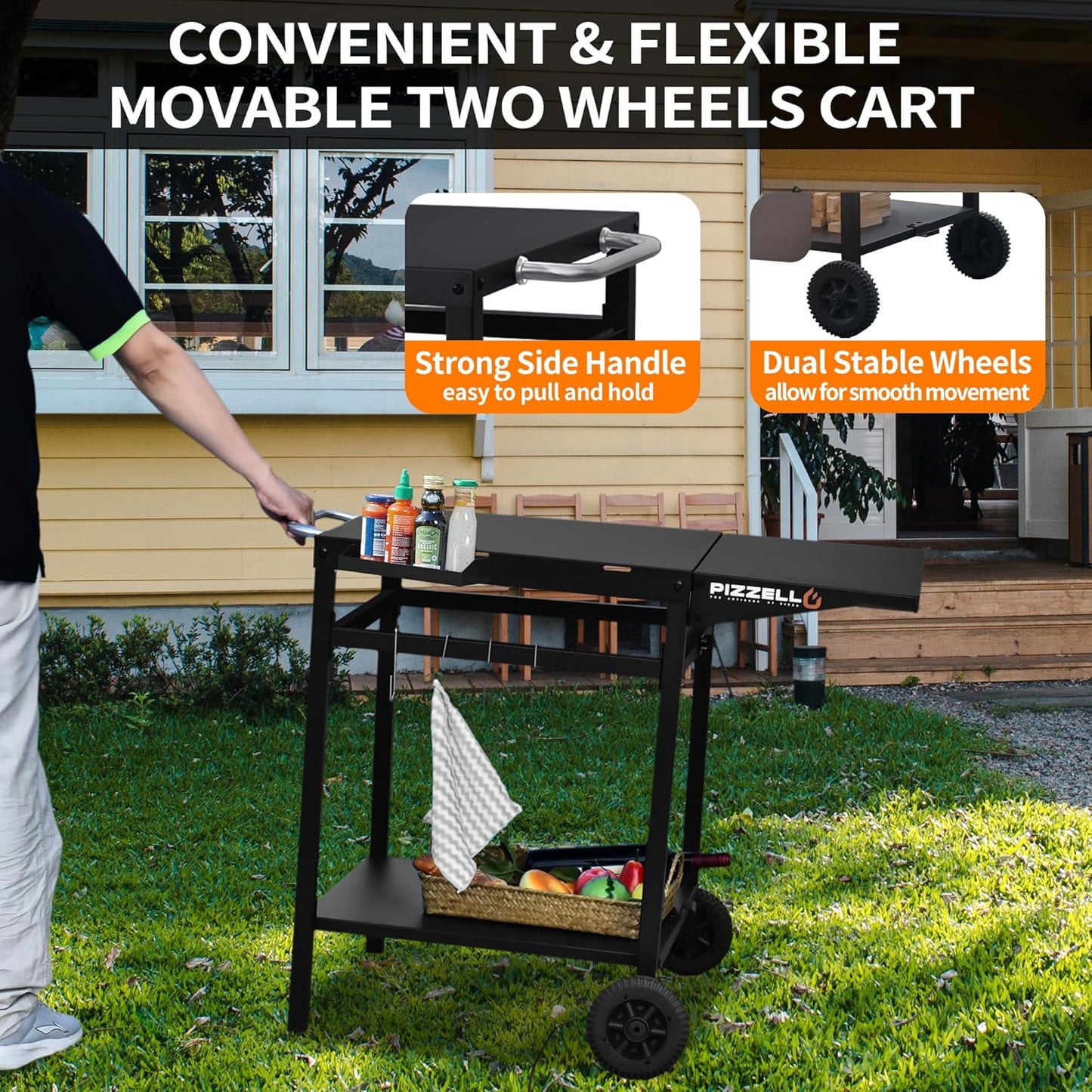 Outdoor Grill Table Cart 35" x 22" Movable Pizza Oven Stand Foldable Double-Shelf Grill Cart Food Prep Trolley Dining Cart Fit for Ooni Ninja Woodfire Blackstone Pizza Oven