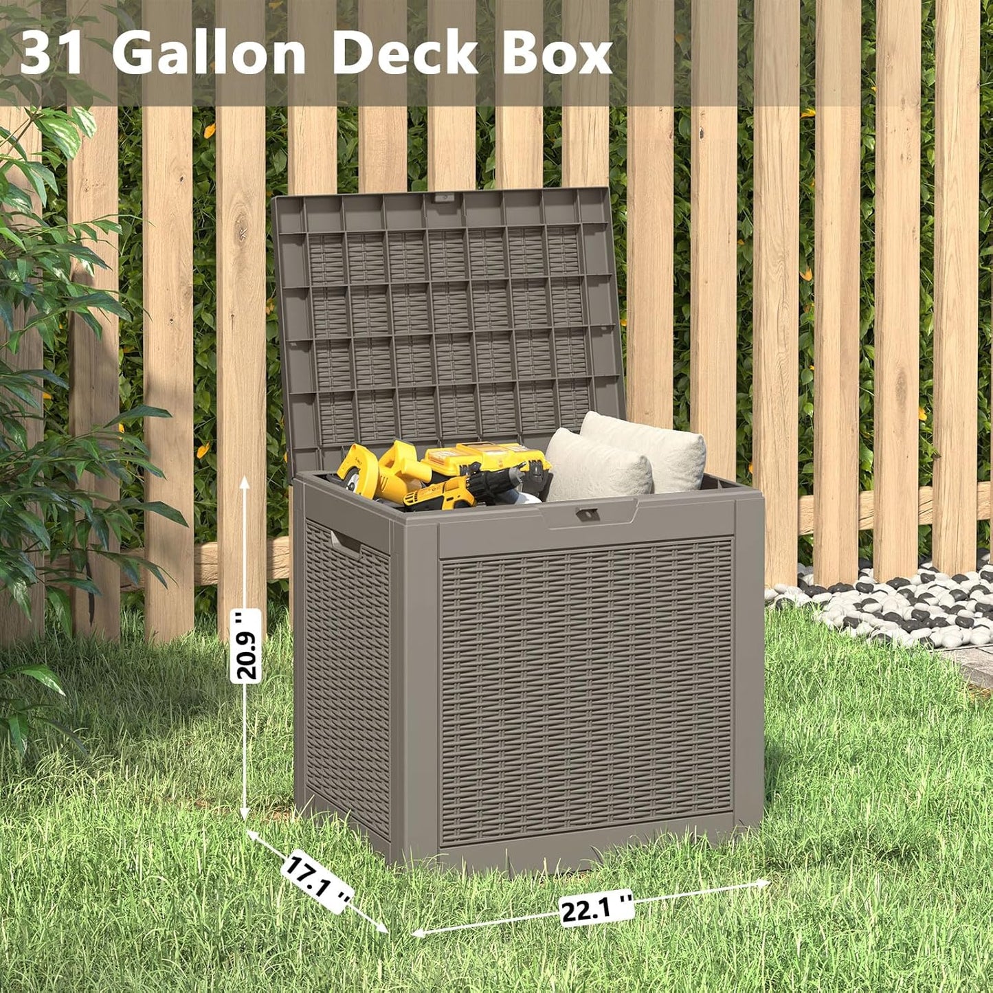Deck Box, 31 Gallon Resin Outdoor Storage Box, Waterproof and UV Resistant Lightweight Storage Deck Box for Garden Tools, Supplies