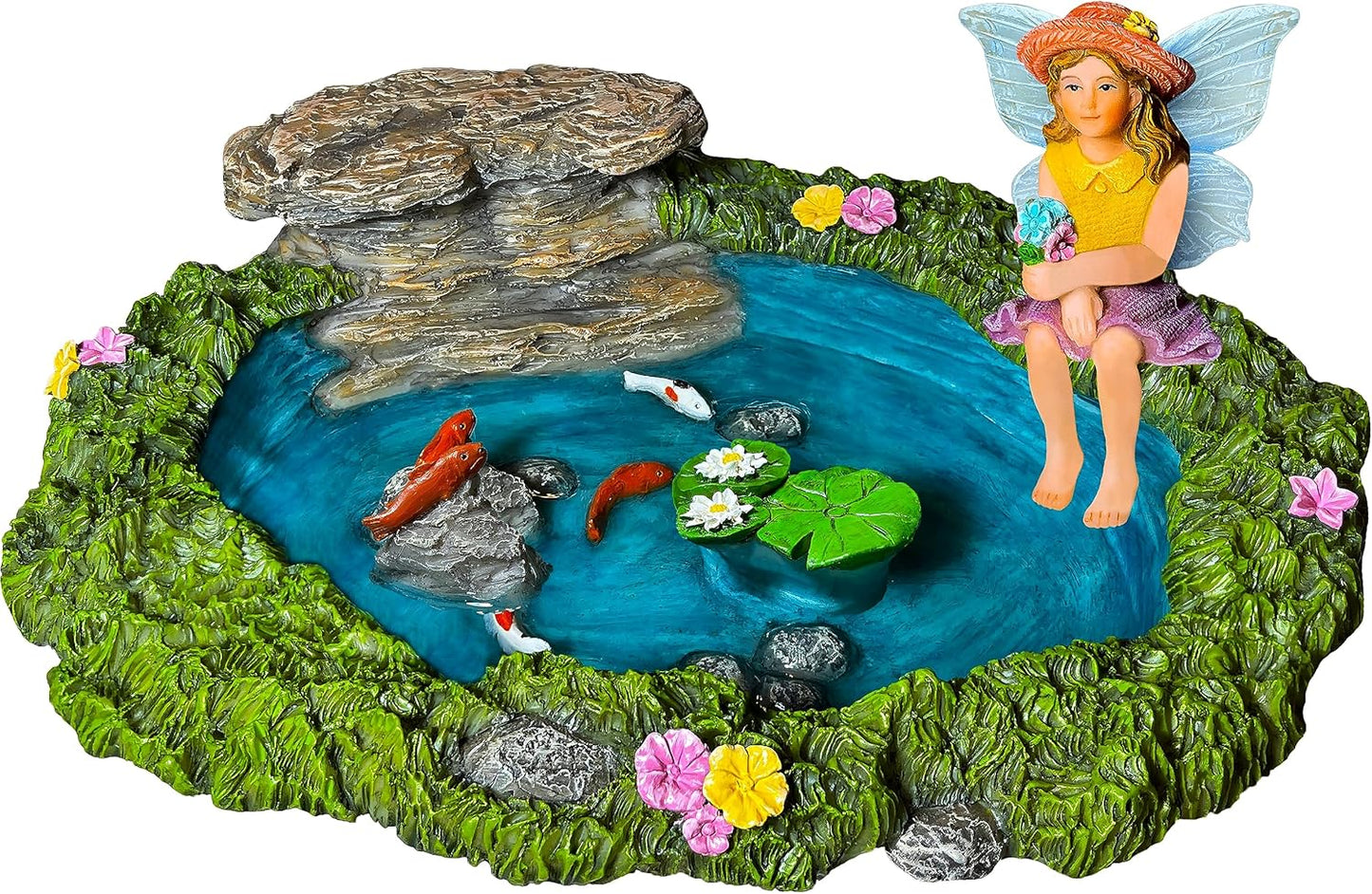 Mood Lab Fairy Garden - Miniature Fish Pond & Fairy Figurine Kit - 2 pcs Set of Garden Accessories - Outdoor or House Decor