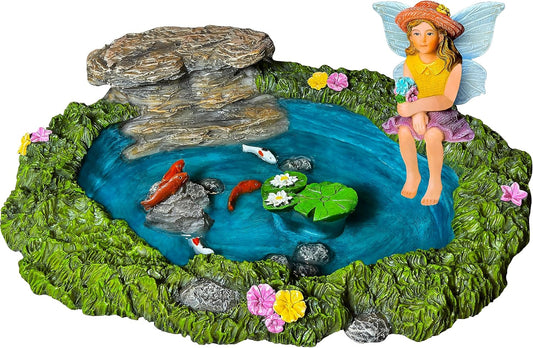 Mood Lab Fairy Garden - Miniature Fish Pond & Fairy Figurine Kit - 2 pcs Set of Garden Accessories - Outdoor or House Decor