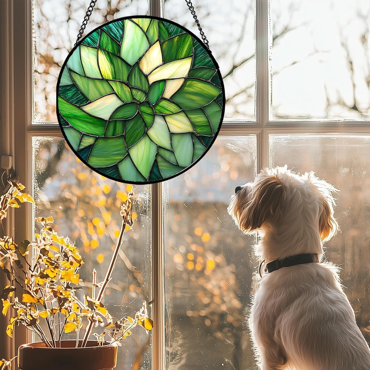 Stained Glass Window Hanging - Green Plants Suncatcher for Doors Garden Patio Flowers Sun Catchers Decor Christmas Mother's Day Birthday Gifts for Women Men Mom Nana Friend 6.3 in