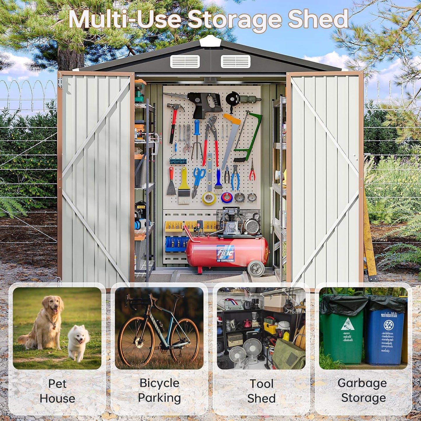 6x4 FT Outdoor Storage Shed, Metal Garden Tool Shed with Sloping Roof & Lockable Door for Patio Lawn Backyard (Brown)