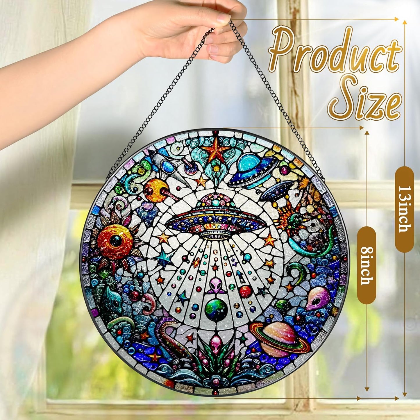 Stained Glass Window Hanging, LAOWEIKI 8'' UFO&Alien Suncatcher, Stained Glass Ornament, Suncatchers for Windows Hanging, Window Decor, Outdoor or Indoor, Gifts for Friends, Art Lover, Astronomer