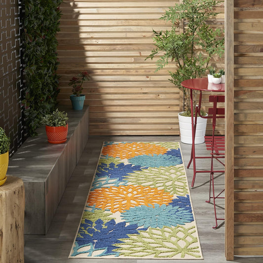 Nourison Aloha Indoor/Outdoor Multicolor 2'3'' x 10' Area-Rug, Tropical, Botanical, Easy-Cleaning, Non Shedding, Bed Room, Living Room, Dining Room, Deck, Backyard, Patio (2x10)