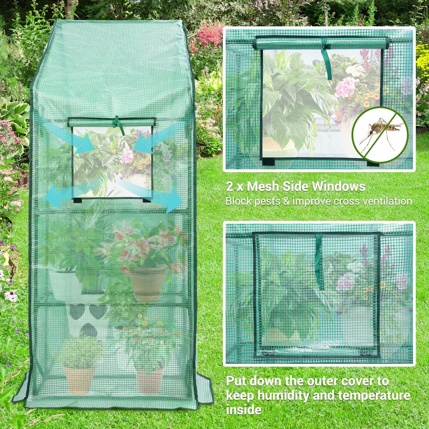Ohuhu Greenhouse for Outdoors with Mesh Side Windows, 3 Tiers 4 Shelves Small Walk-In Green House Plant Stands Plastic PE Cover Outside Portable Warm House for Seedling Flowers Growing, 4.8x2.5x6.4 FT