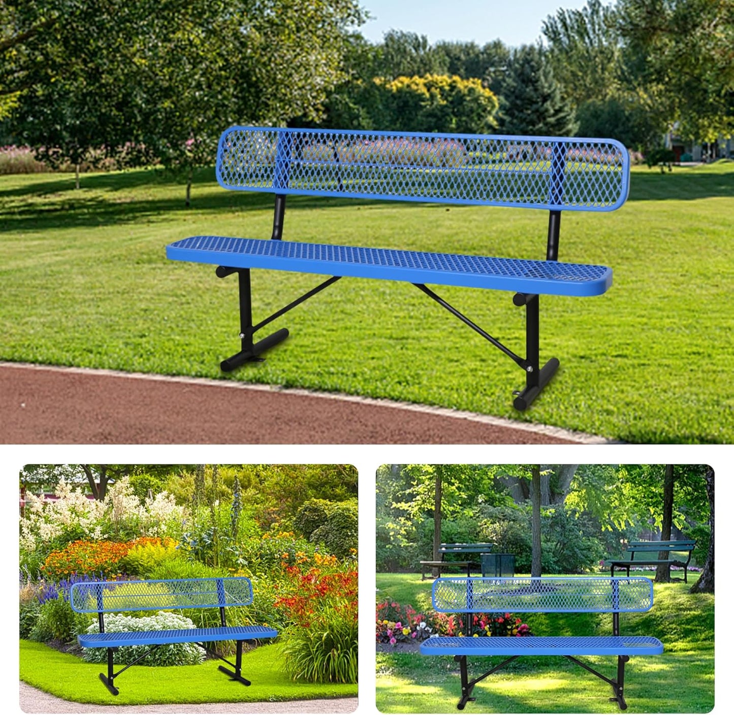 4/6/8 Feet Park Bench for Outside Heavy Duty Metal, Garden Benches Outdoor Bench with Backrest & Portable Frame, for Shopping Malls Stores Parks Patios Decks, Blue