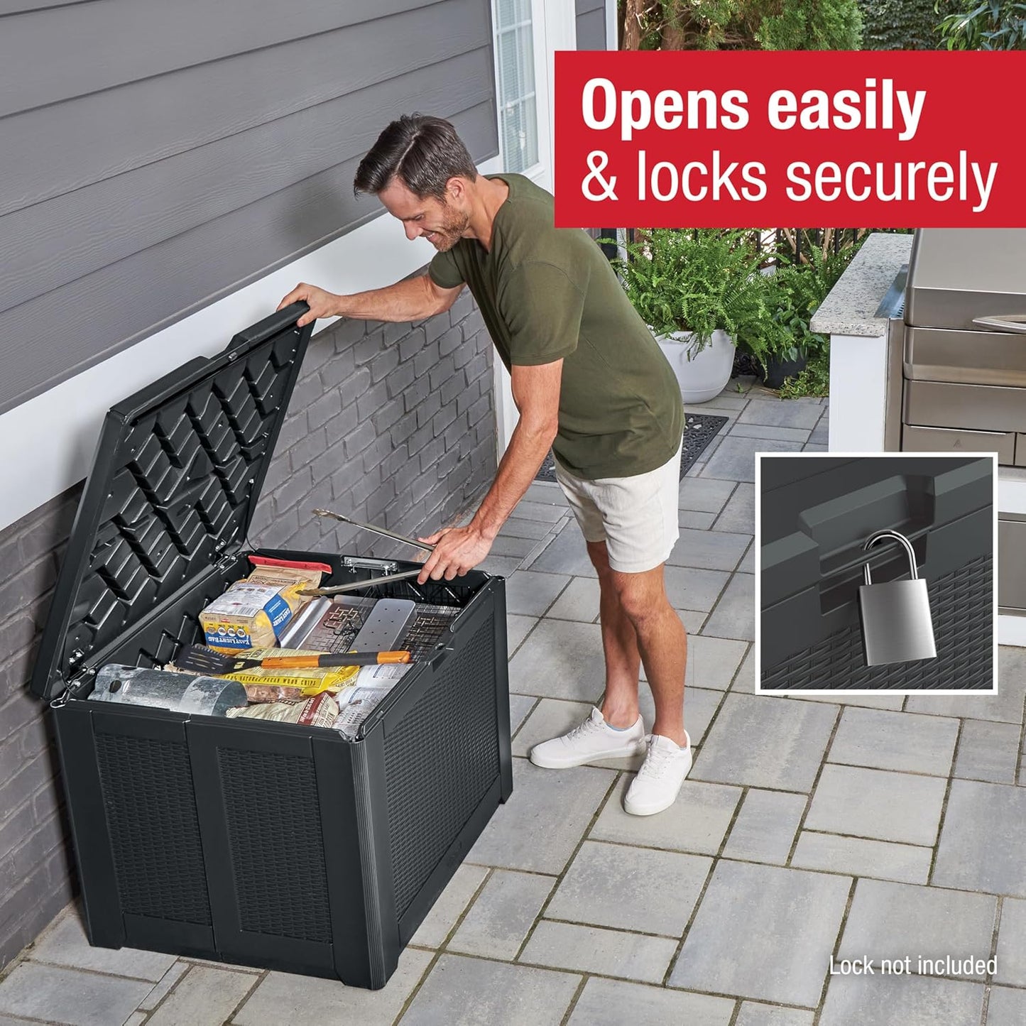 Rubbermaid Medium Resin Outdoor Storage Deck Box (74 Gal), Weather Resistant, Black, Deck Organization for Home/Backyard/Pool Chemicals/Toys/Garden Tools/Porch/Patio Cushions