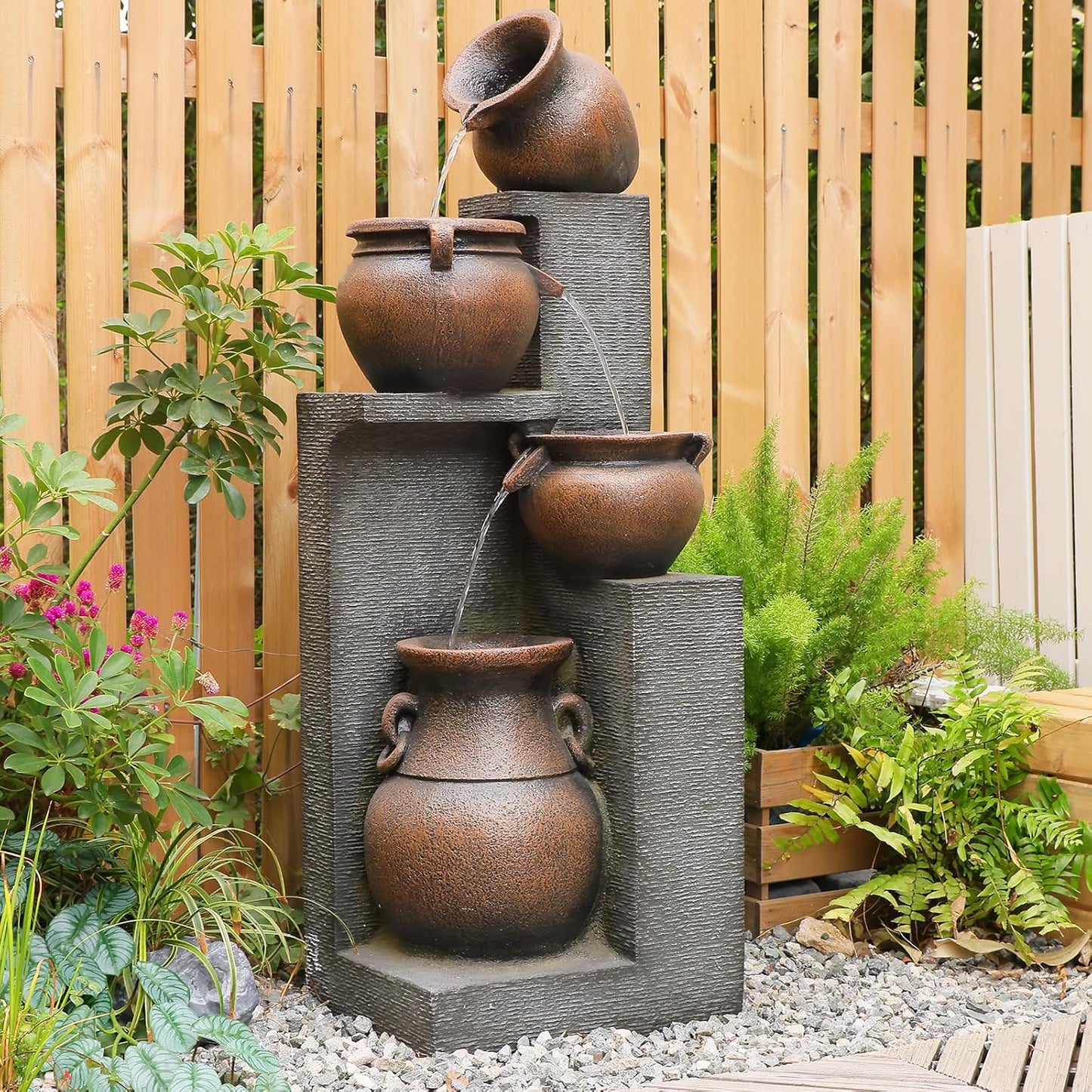 53" H Large Outdoor Water Fountain with Lights - 4 Tiered Cascading Bowls Waterfall Fountain for Garden, Patio, Backyard, Porch Inside - Freestanding Outdoor Water Feature Gold