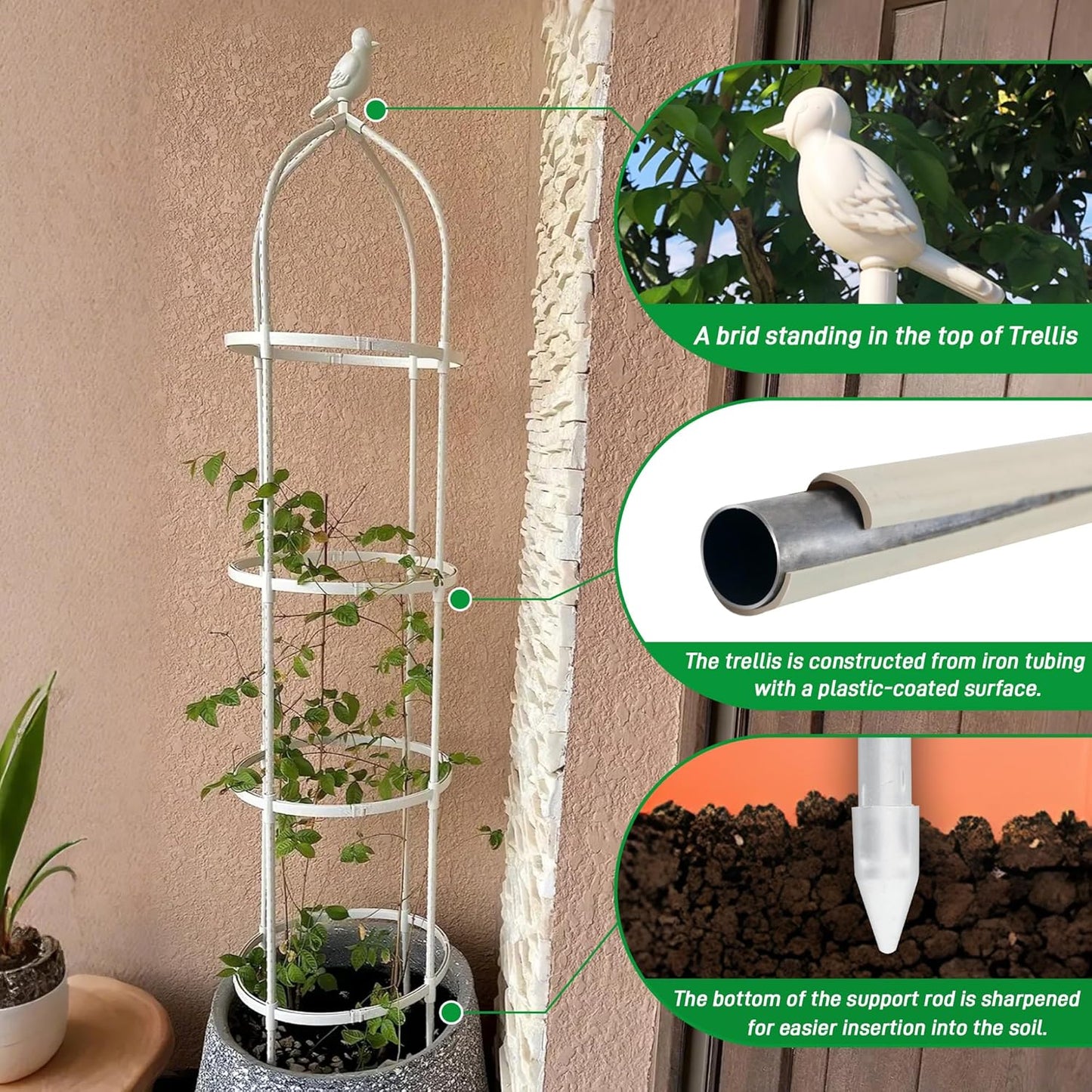 Garden Trellis for Climbing Plants, Rustproof Metal Pipe with Heavy Duty 6ft, Garden Outdoor Indoor Potted Plant Support（White）