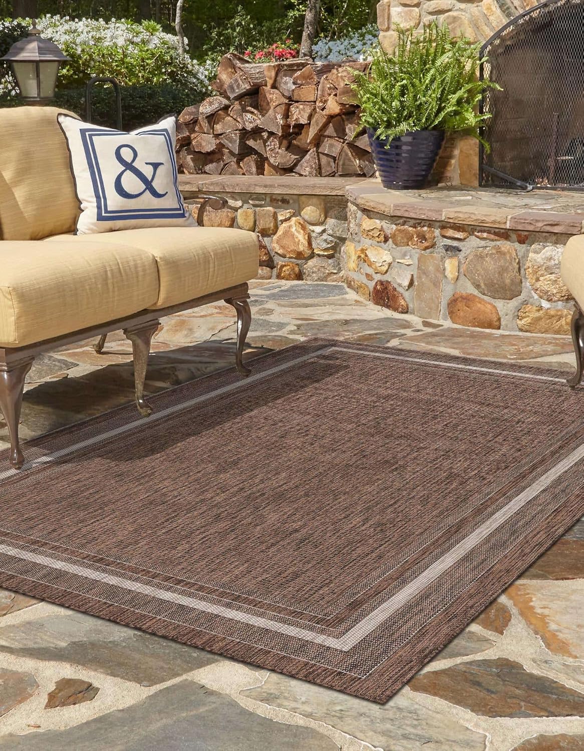 Unique Loom Outdoor Border Collection Area Rug - Soft Border (10' x 13' 1" Rectangle Brown/Ivory)