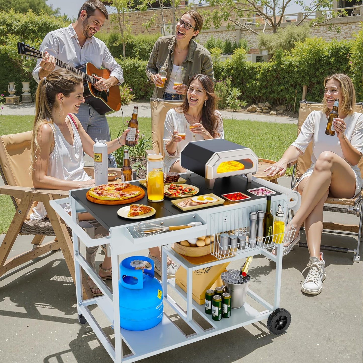 Vongrasig Pizza Oven Table with Topping Station, Outdoor Grill Cart with Storage for Blackstone Grill Ooni Pizza Ovens, Outdoor Kitchen Island Movable Grill Table Bar Cart