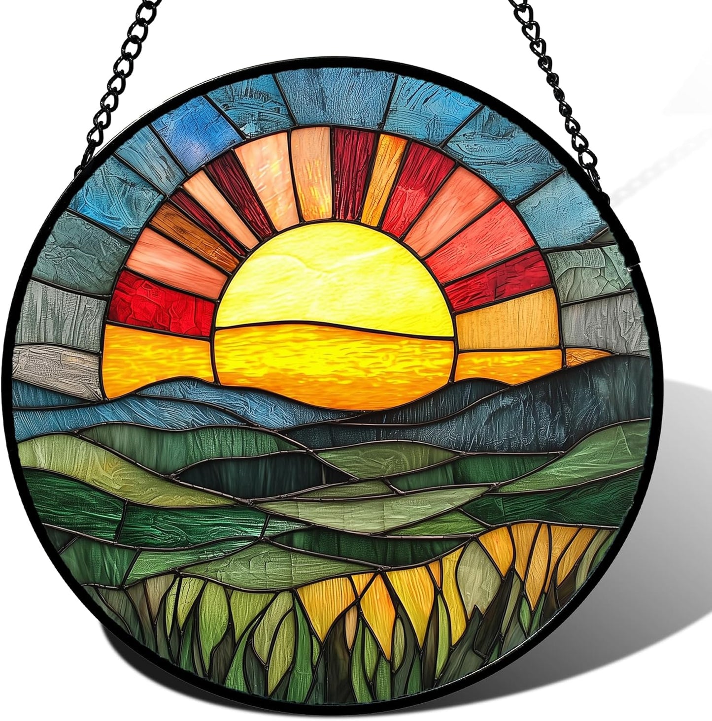 Stained Glass Window Hanging, Golden Red Sun Green Mountain Suncatcher for Window Home Decor Nature Landscape Sun Catcher Mother's Day Birthday Gifts for Women Men Mom Nana 7.8 in