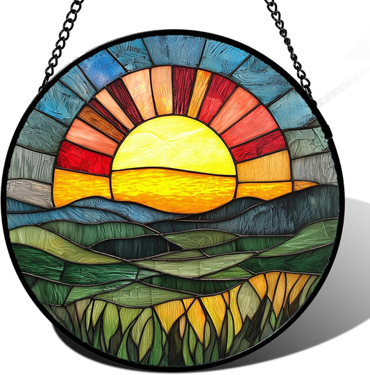 Stained Glass Window Hanging, Golden Red Sun Green Mountain Suncatcher for Window Home Decor Nature Landscape Sun Catcher Mother's Day Birthday Gifts for Women Men Mom Nana 6.3 in