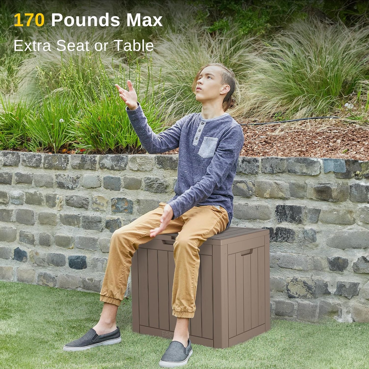 EAST OAK Outdoor Storage Box, 31 Gallon Deck Box, Waterproof Resin Storage Bin for Patio Cushions, Gardening Tools, Accessories, Lockable, UV Resistant, Brown