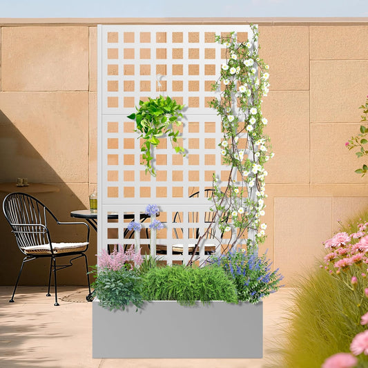 Metal Planter Box with Trellis, Heavy-Duty Raised Garden Bed for Climbing Plants, Drainage Hole, Outdoor Planter Box with Privacy Screen，35''L×16''W×71''H