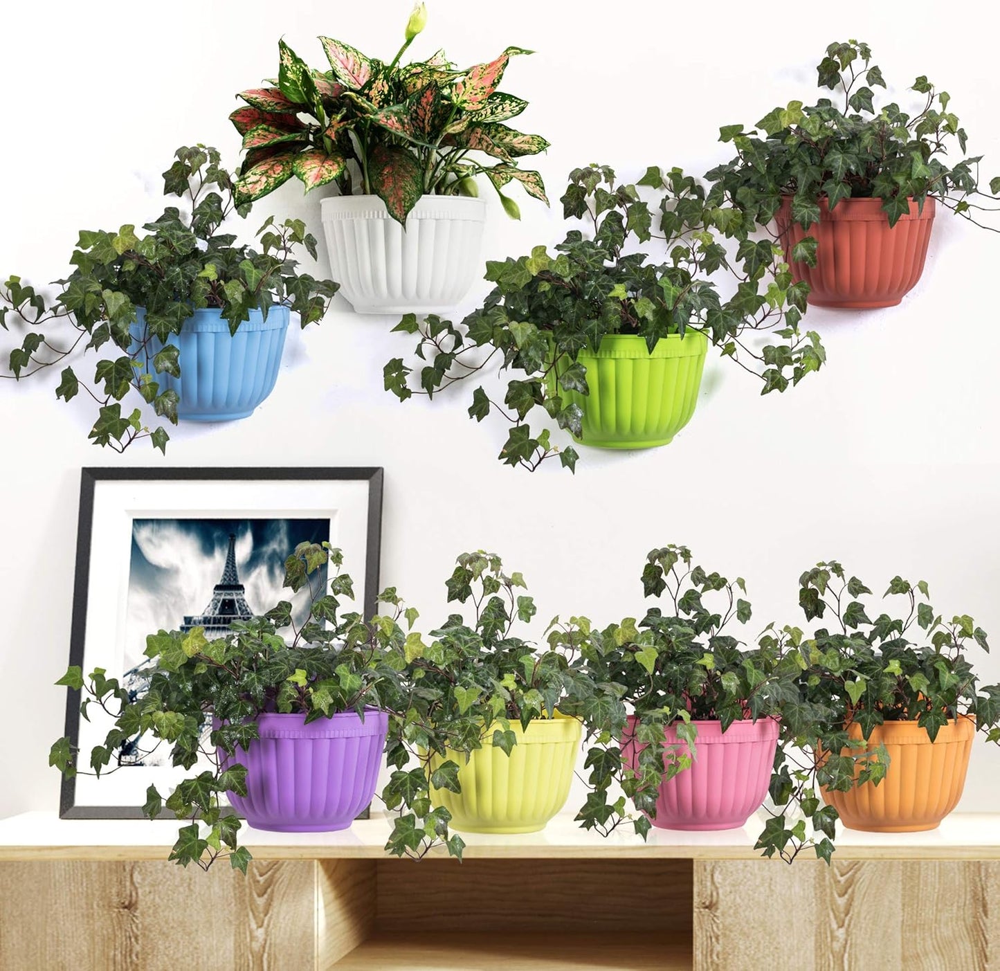 ORIMERC 6 Pack Colorful Wall Hanging Planters for Indoor Outdoor Plants, Hanging Plant Holder with Drainage Hole, Fence Balcony Planters Railing Hanging Pot, Plant Wall Mount Decor with Hooks/Screws