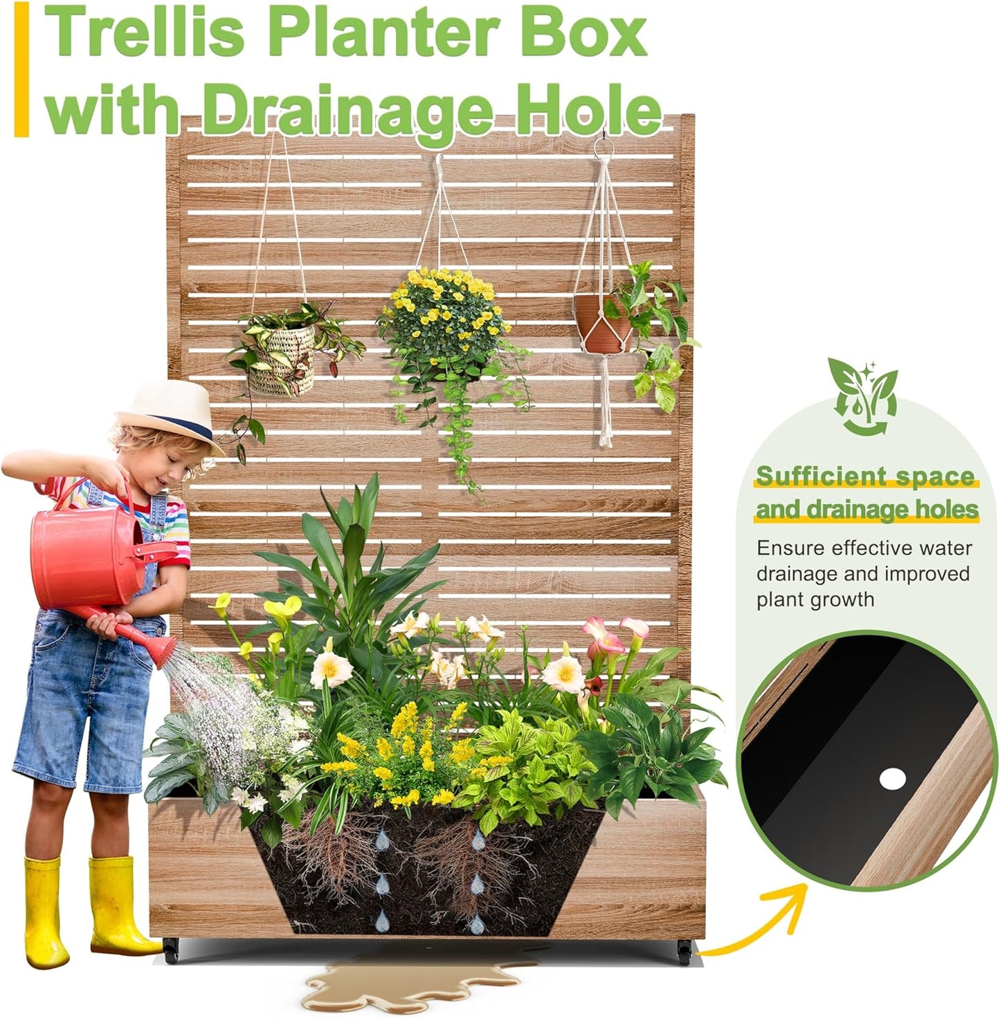 FENCY Metal Raised Garden Bed with Wheels and Trellis,73"x47"x16" Planter Box for Climbing Plants, Vegetables & Vines, Features Privacy Screen and Drainage Holes (Natural Wood Color)