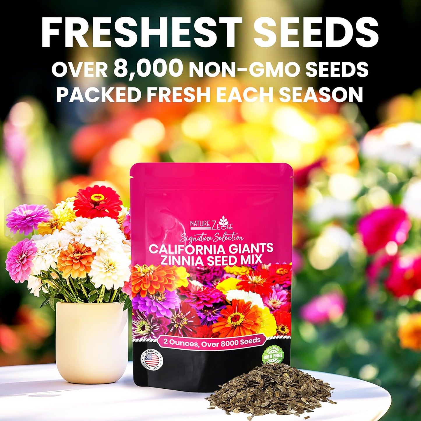 NatureZ Edge Zinnia Seeds for 2025 Planting Outdoors, Over 8250 Flower Seeds, 2 Oz, Non GMO Made in USA, Bulk Semillas De Flores para Sembrar, California Giants, Easy to Grow Zinnia Seed Mix