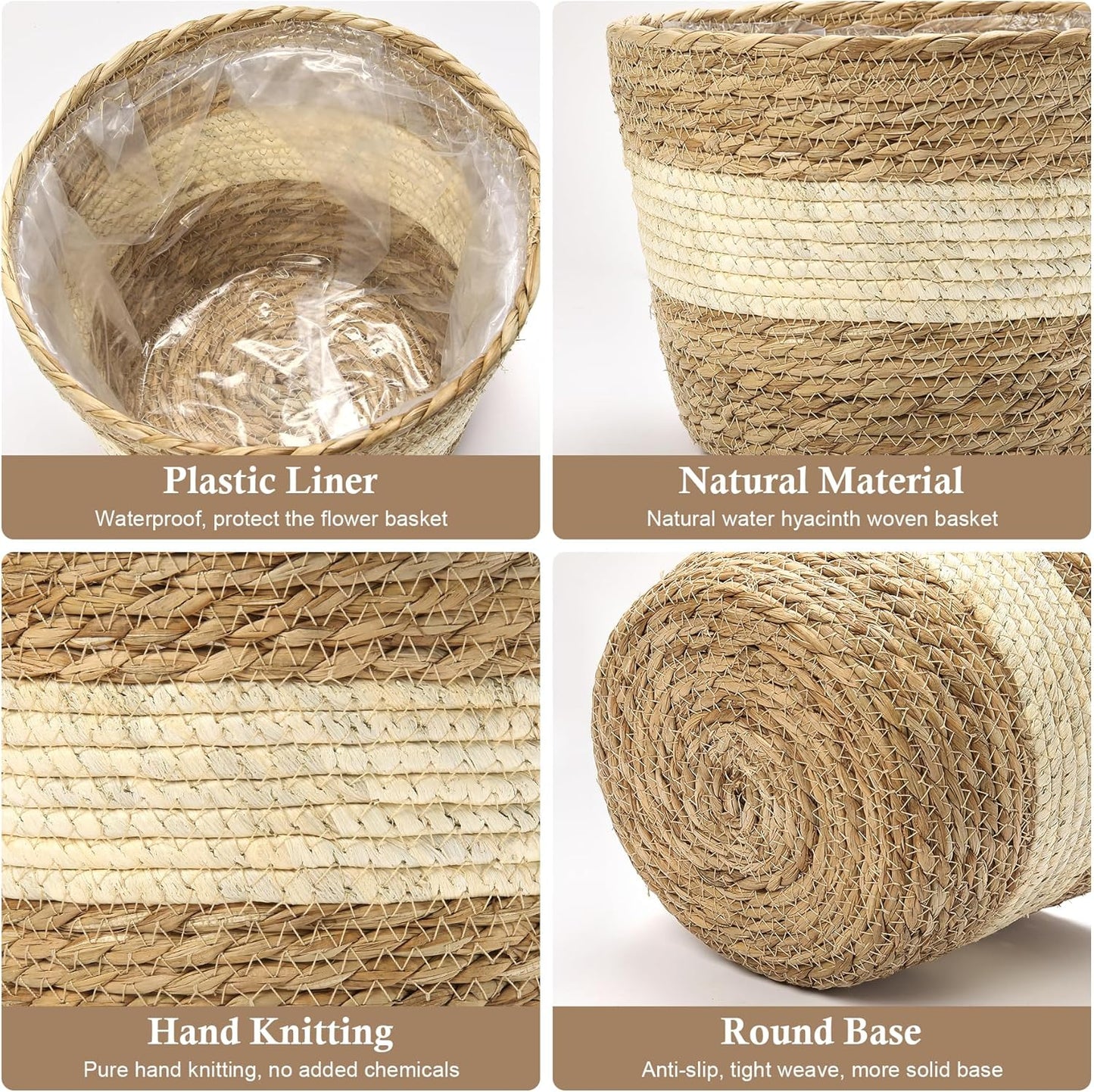 Athaliah Plant Basket, 3 PCS Plant Baskets Indoor with Plastic Liner, Water Hyacinth and Corn Stalk Woven Planters Flower Basket, Planter Basket for Rustic Home Floor Potted Pots Decor