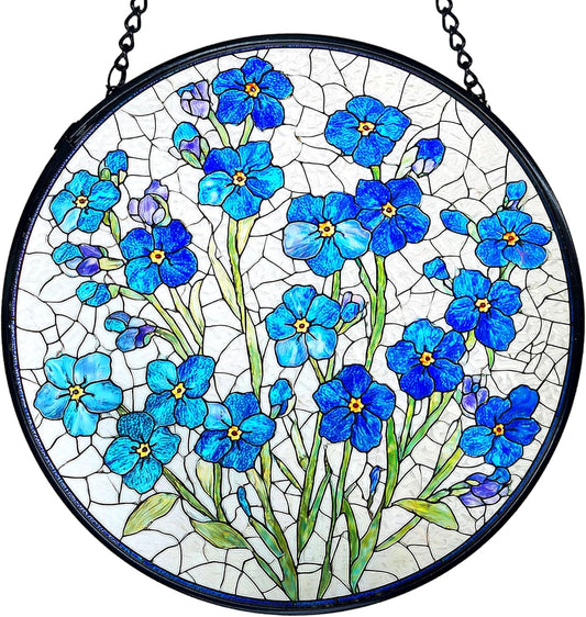 TNUW Blue Forget Me Not Flower Stained Glass Window Hanging, Blue Floral Sun Catchers Indoor Window Glass Round Wall Art Decor, Floral Botanical Wall Hanging Decorations, 7.9＂x7.9＂