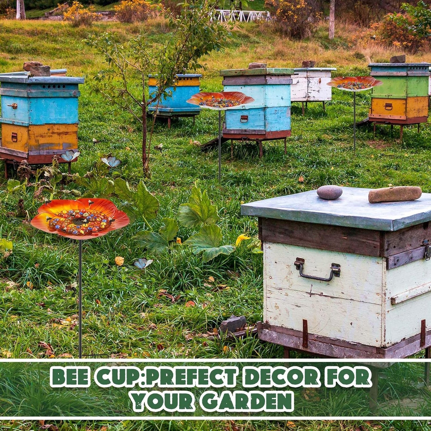 Tandefio Vivid Flower Bee Watering Station Metal Butterfly Water Feeder Cup with 30 Colorful Glass Marbles Bee Feeder Butterfly Bath Bowl for Garden Outdoor Yard Decors(Golden Brown,Flower)