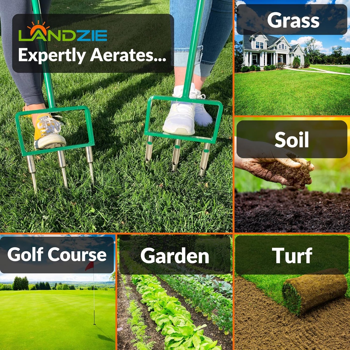 Landzie - The Original Hollow and Spike Tine Lawn Aerator Set - Includes 1 Aerator + Set of 3 Hollow Tines and 3 Spike Tines - 42 Inch Manual Stainless Steel Gardening Hand Tool