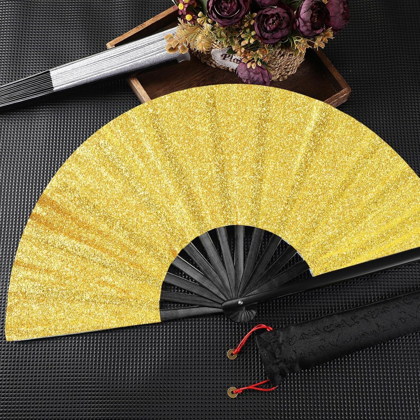 Maitys 2 Packs Large Clap Fans for Line Dancing Large Chinese Folding Hand Fans for Men and Women, Festival, Tai Ji, Kungfu, Martial Art, Gifts (Glitter Black and Gold)