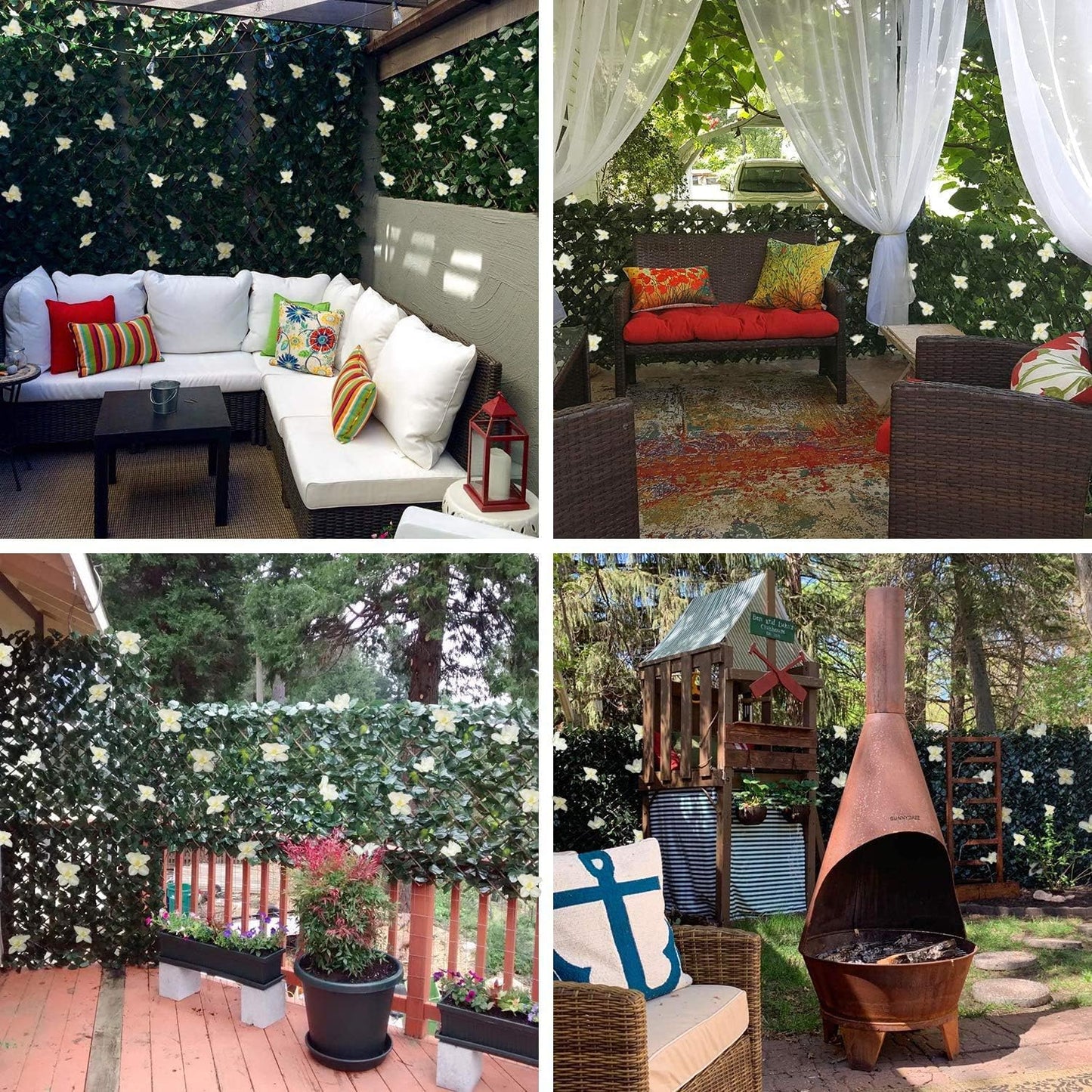 Expandable Faux Ivy Fence,Artificial Privacy Screen Decor for Outdoor Wall, Balcony and Patio, Single Sided Leaves (2,White Flower)