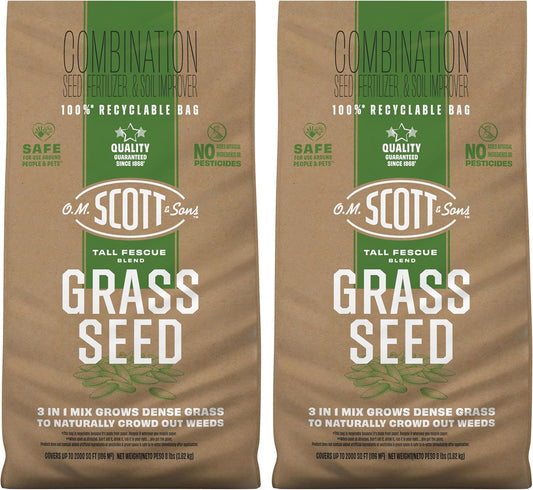 O.M. Scott and Sons Tall Fescue Blend Grass Seed, Fertilizer and Soil Improver, Naturally Crowds Out Weeds, Covers Up to 2,000 sq. ft., 8 lbs., 2-Pack