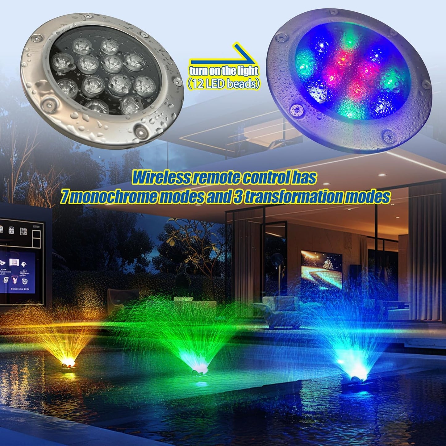 Pond Fountain Aerator, 1HP，Wireless Control RGB Rainbow Lights Stainless Steel Body, 100FT Cord, Multifunctional time Controller，200Ft Traction Rope, Aerator Pump for Ponds & Lakes (RGB)