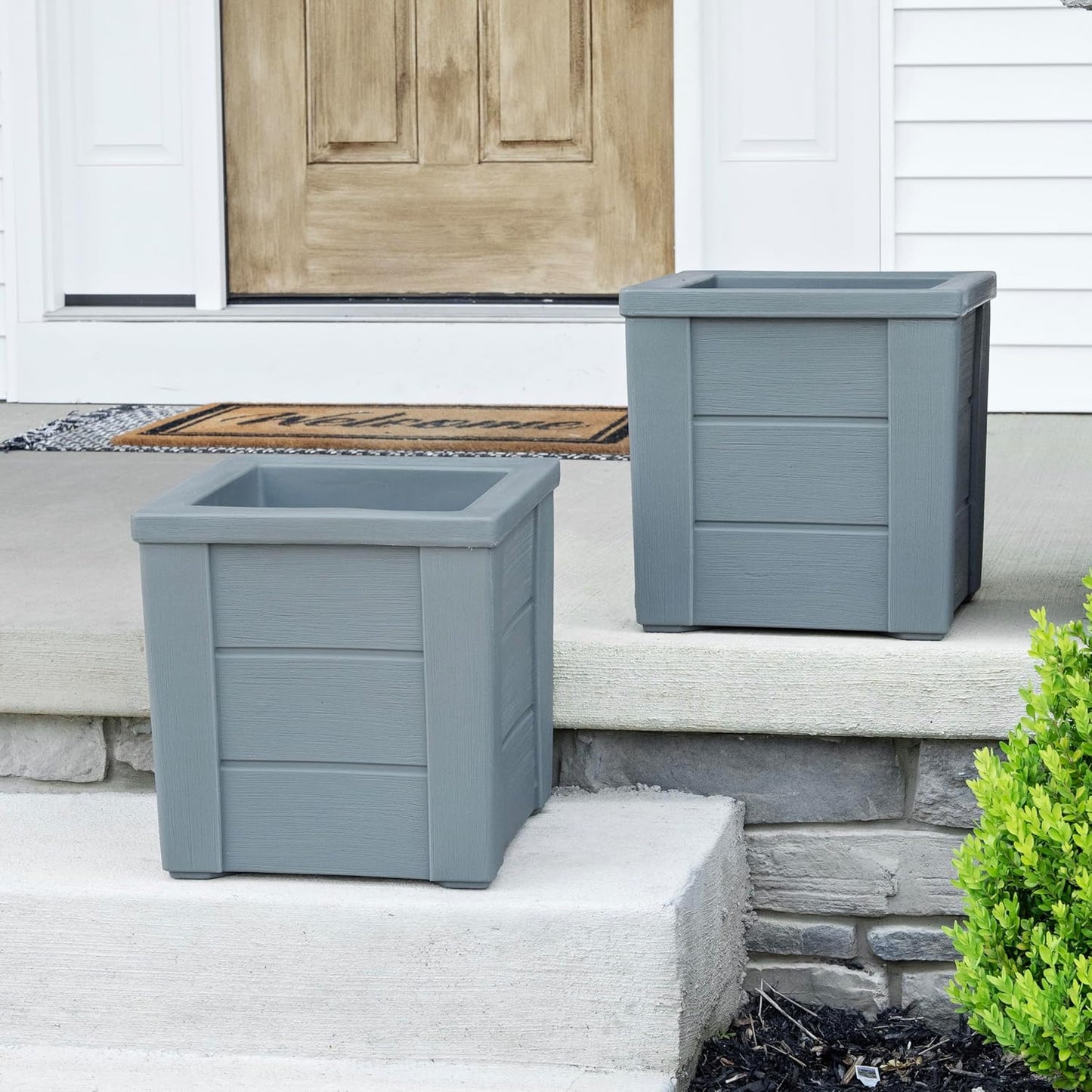 Step2 Lakewood Square Planter, Large Planters for Outdoor Plants, Gardening and Flower Pot for Patio or Porch, Efficient Drainage, Durable Plastic, Sage Gray, 2-Pack