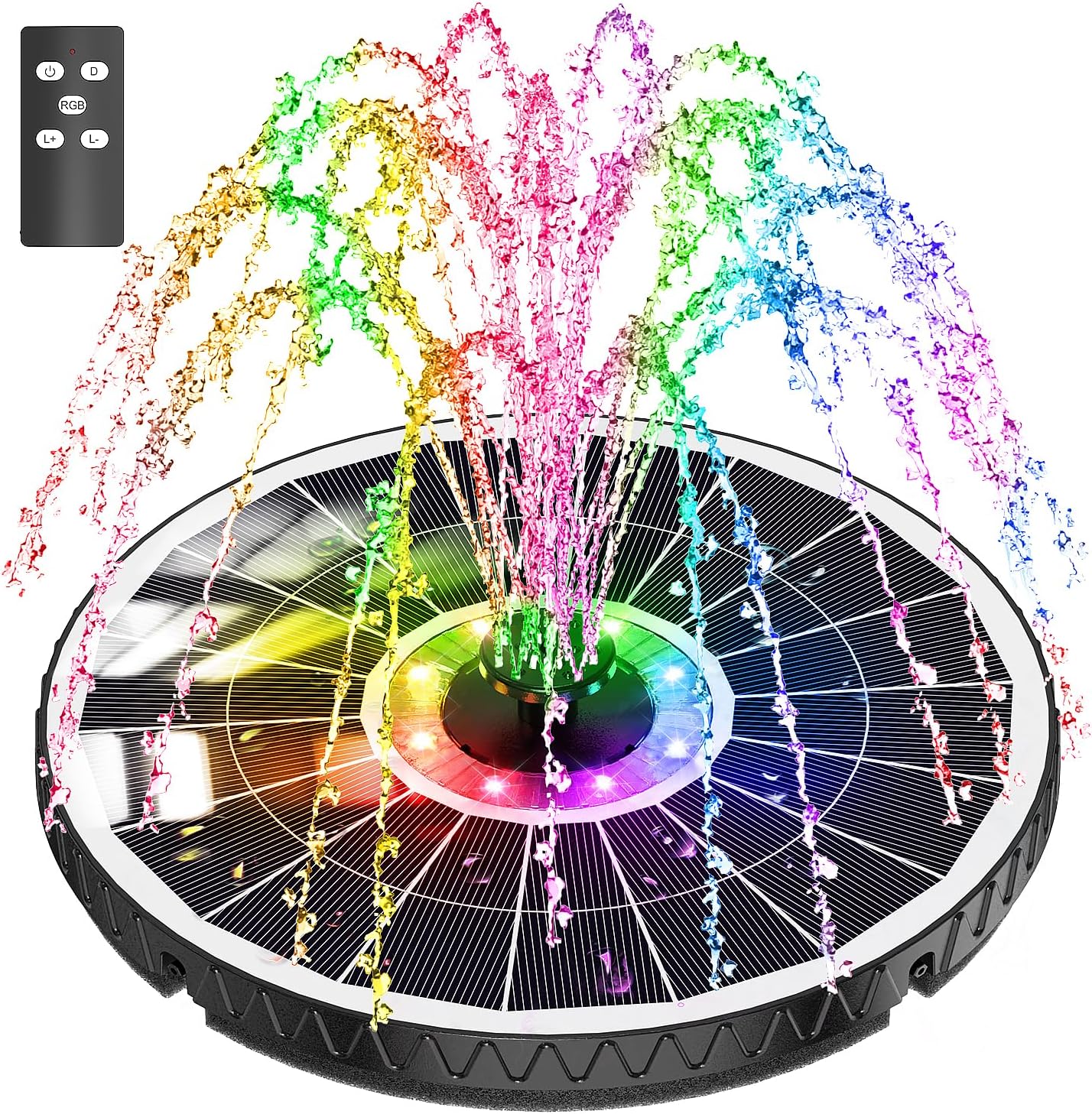 SZMP Solar Fountain 2025 Upgraded, 6W Remote Bird Bath Fountain, 4000mAh Solar Water Fountain Pump with 7 Nozzles & 4 Fixers, Colorful Lights for Garden, Pond, Pool, Outdoor-Adjust Water Height